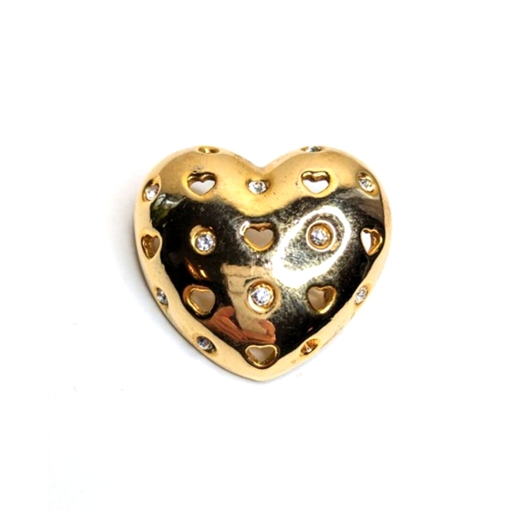 Vintage Valentine's Brooch - Puffy Heart Gold Tone 2" Signed Rhinestones